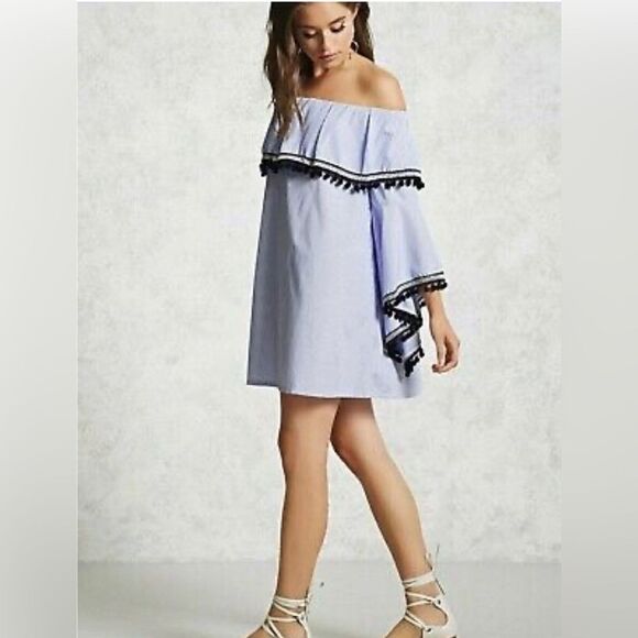 Forever 21 Off The Shoulder Striped Pom Pom Mini Dress/Tunic M - Picture 1 of 7